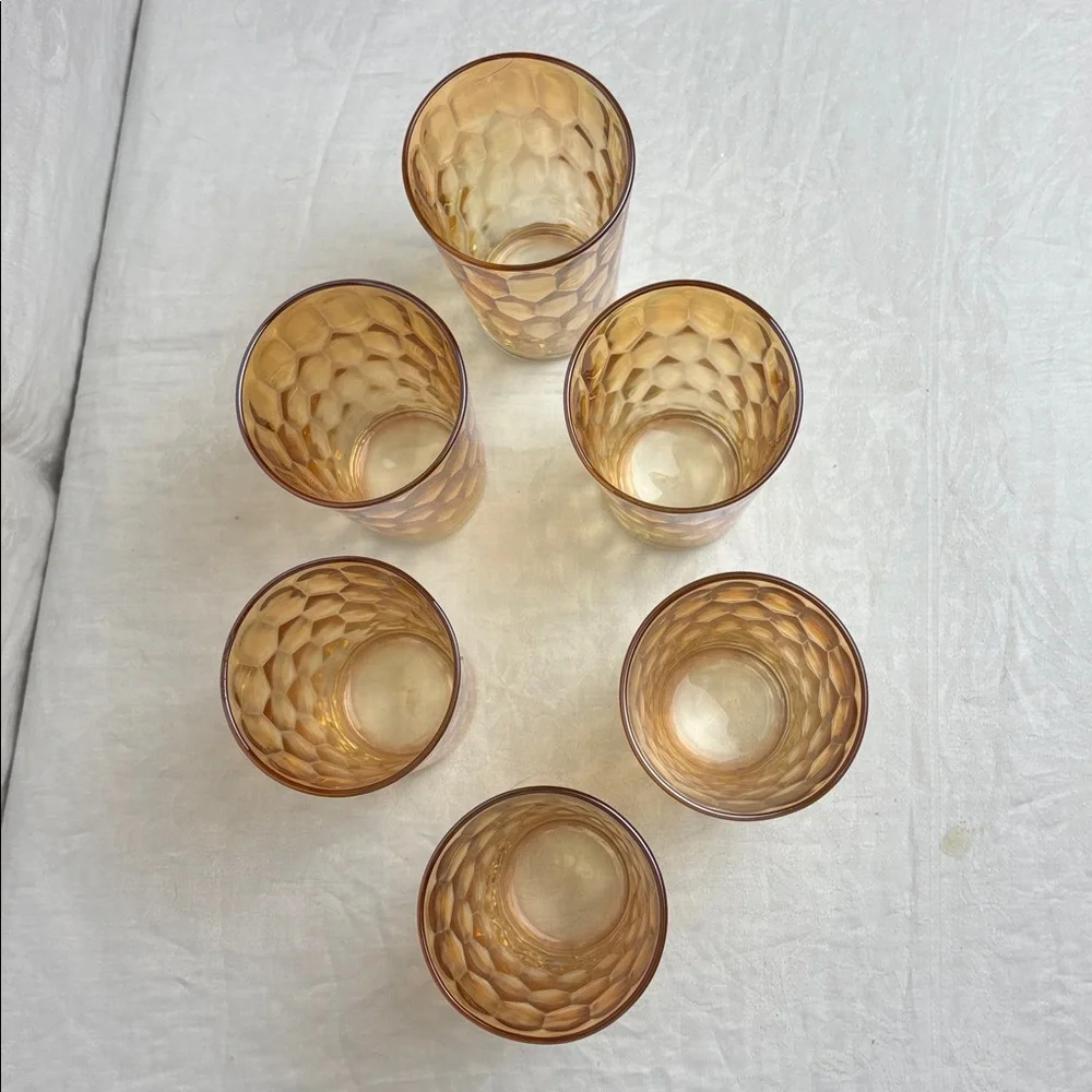 Vintage Jeanette Iridescent Marigold Carnival Glass Pitcher and 6 Tumblers